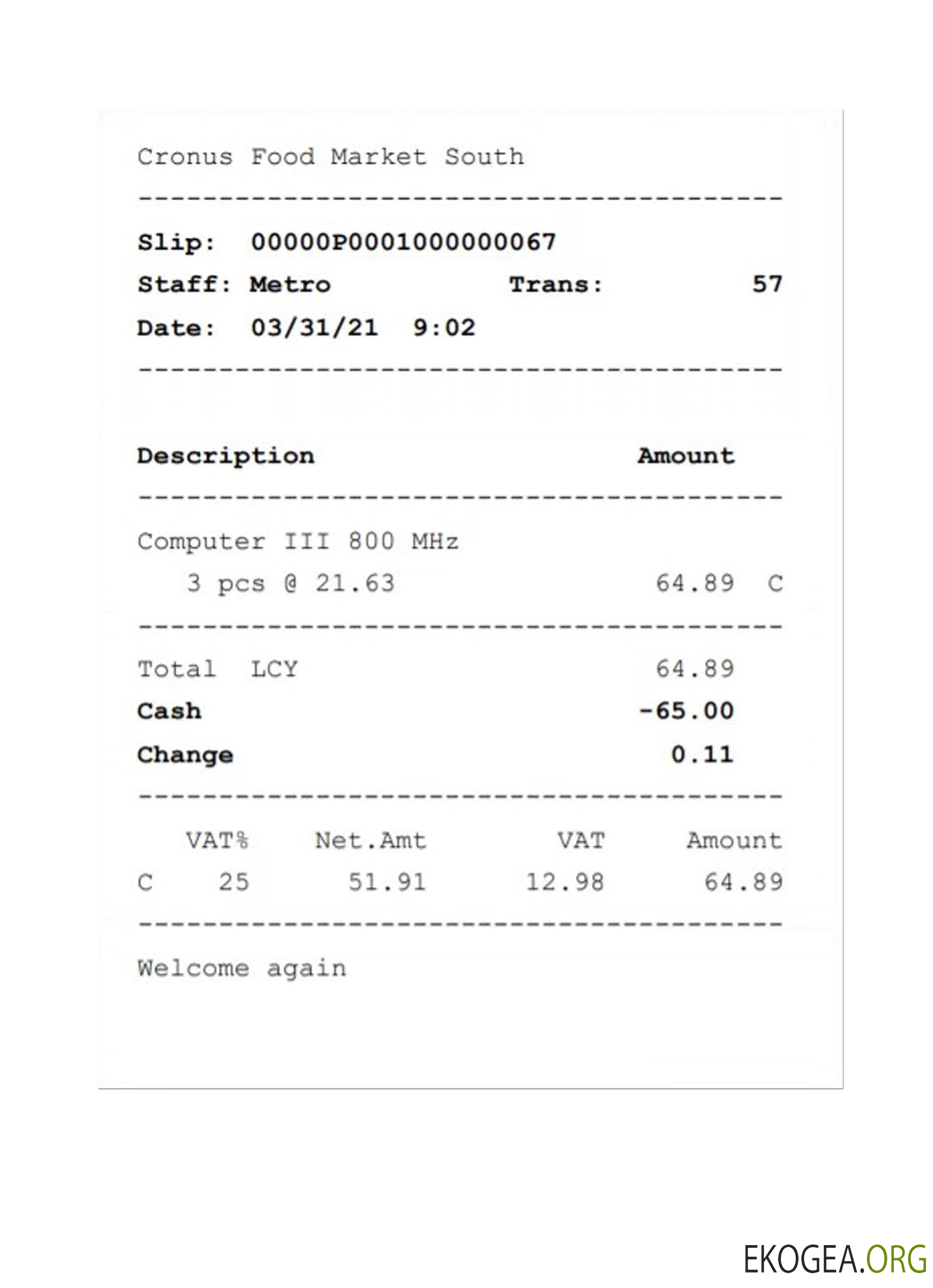 Reçu du MARCHÉ ALIMENTAIRE DE CRONUS